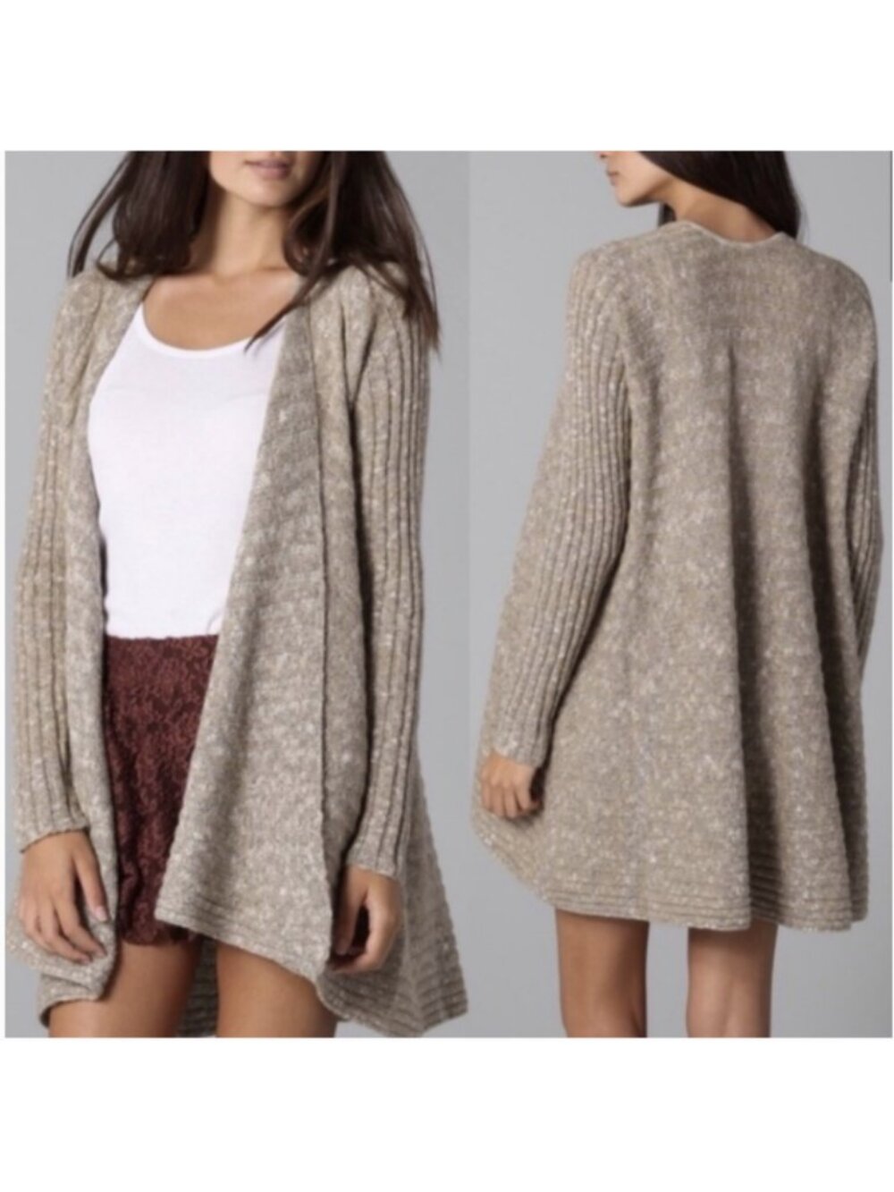 Free People Ribbed Wool Blend Open-front Waterfall Knit Cardigan Size M Beige